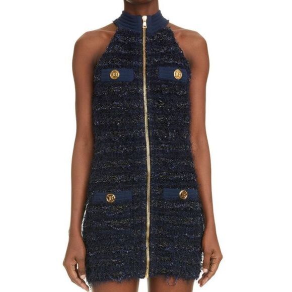 Balmain Dresses & Skirts - BALMAIN Metallic Tweed Dress Short Sleeveless Zipped Blue sz 44 FR 2X $2295